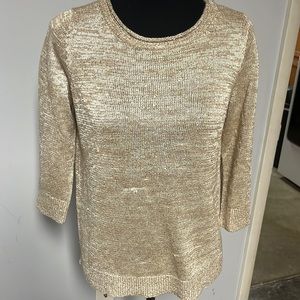 Talbots Sz M Petite Gold Sequin Sweater Womens Knit Metallic 3/4 Sleeve Shimmery